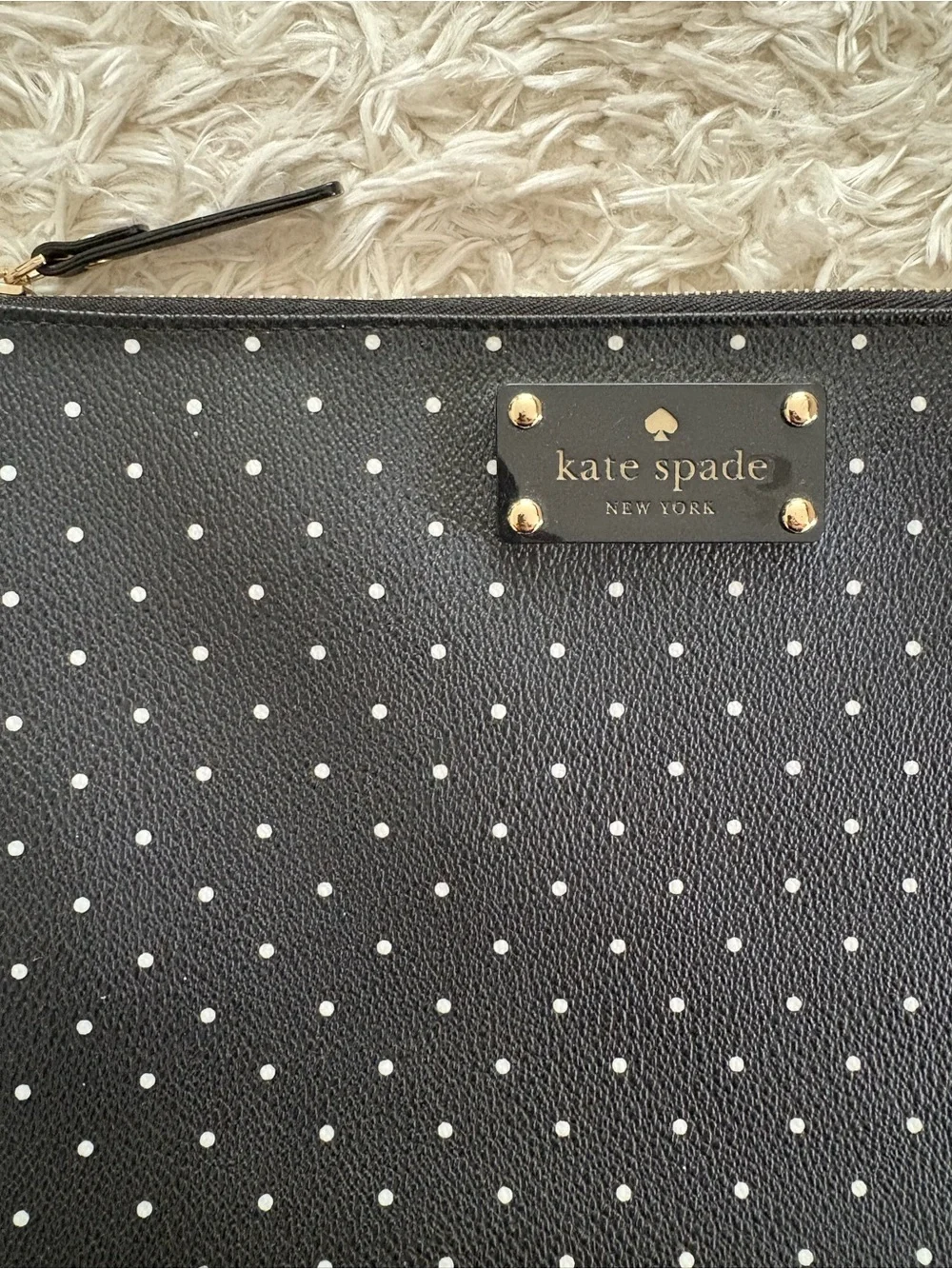 kate spade Black White Polka Dot Zip Pouch with Gold Logo
